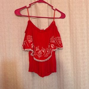 Strapless bright red white top